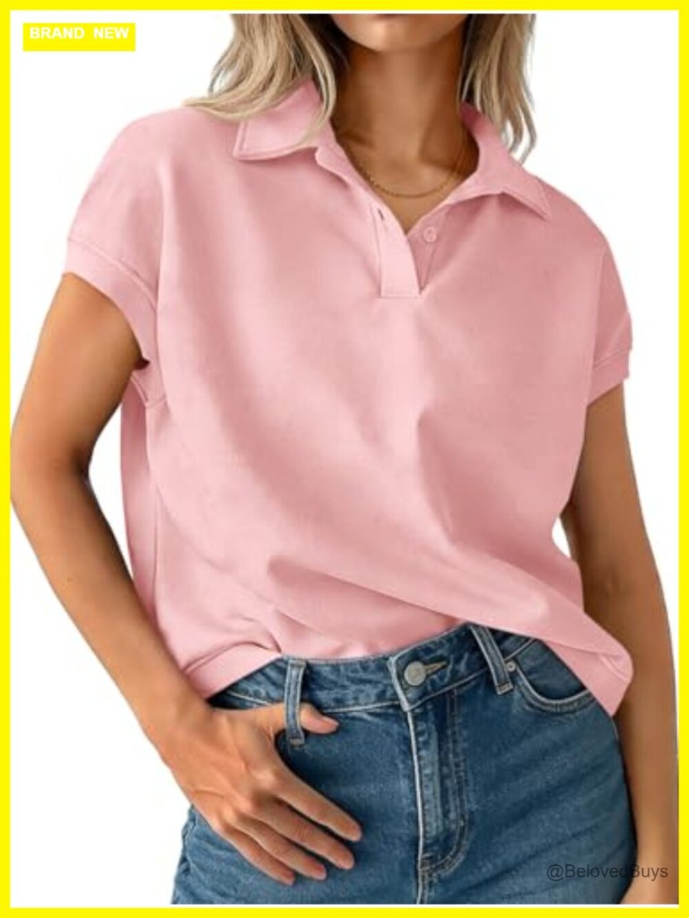 Cap Sleeve V Neck Polo Shirt Collared Boxy Tee Summer Casual